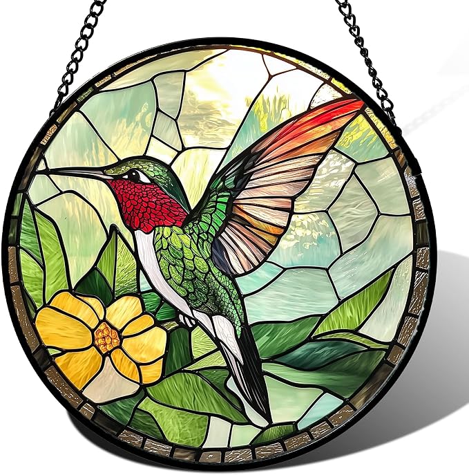 Stained Glass Window Hanging, Green Hummingbird Sun Catcher for Door Home Decor, Birds Suncatcher Christmas Mother's Day Birthday Gifts for Bird Lovers Women Men Mom and Nana 11.8 in
