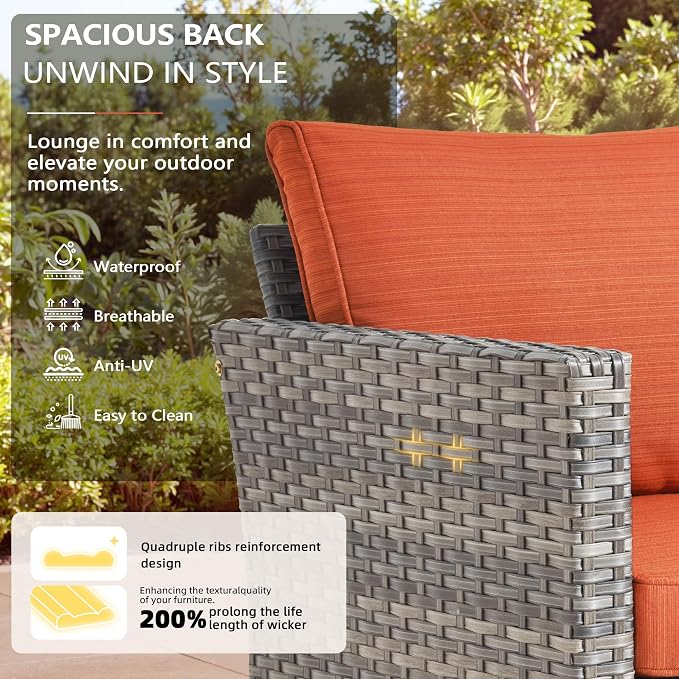 CAODOC 8-Piece Outdoor Wicker Patio Set with 9 Seats, Including 43" Fire Pit - Sectional Sofa and Conversation Set for Backyard or Lawn, Gray Rattan with Waterproof Red Cushions