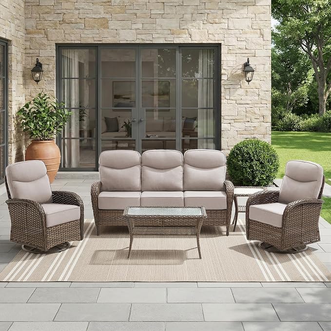 HUMMUH 5-Piece Patio Furniture Set with 6" Thick Cushion High Back Outdoor Swivel Rocker Chairs,3-Seater Sofa,Coffee Table & Ottomans,Wicker Outdoor Conversation Set for Deck, Porch,Poolside