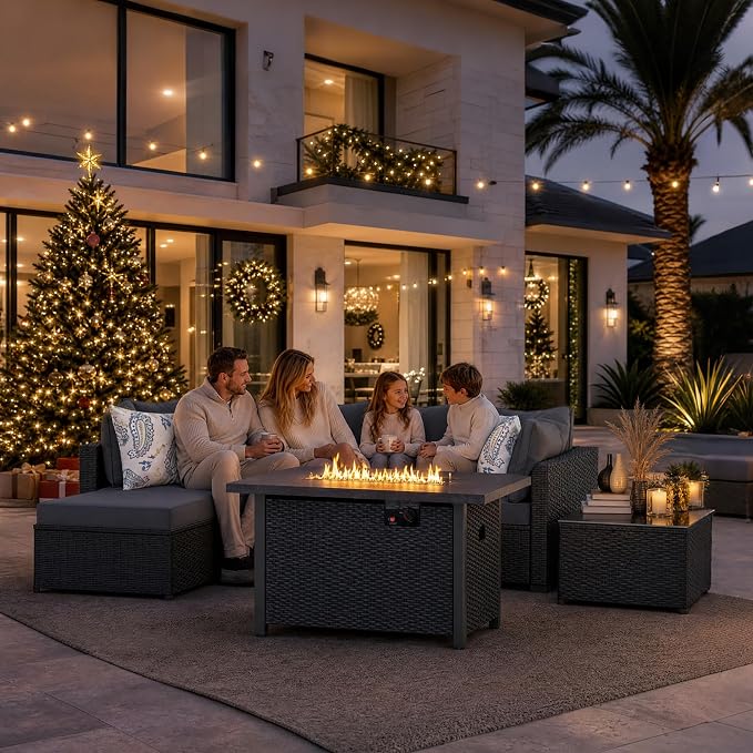 5 Piece Patio Furniture Sets, Outdoor Patio Set Sectional Sofa, All-Weather PE Rattan Couch with Cushion, Glass Table for Gatherings, Parties, Sports Viewing (Gray, 6-Piece Fire Pit Table Set)