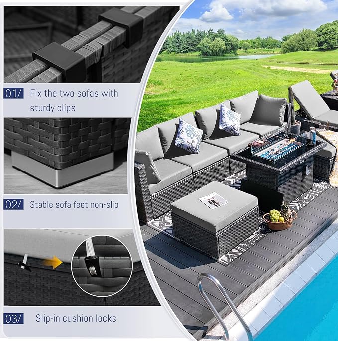 BULEXYARD 11 Piece Large High Back Outdoor Patio Furniture Sets with Firepit and Loungers, Cozy Extra Deep Wide Seating Sectional Conversation Couch Backyard Sitting Sets, Grey Wicker & Gray Cushion