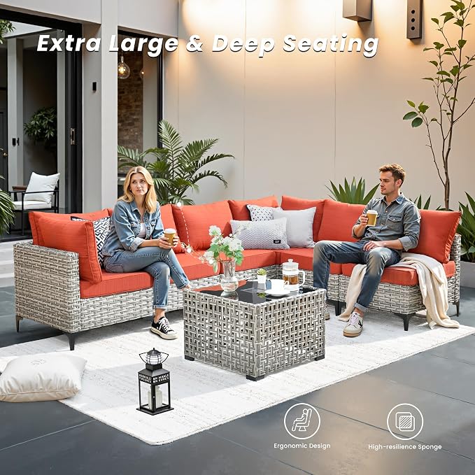 Outdoor Patio Furniture Sets,6 PCS Patio Conversation Set Outside Rattan Sectional Sofa with 42 in Fire Pit Table&Coffee Table Fit Backyard Porch Garden Poolside Balcony