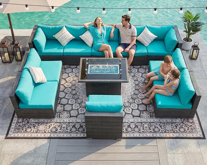 BULEXYARD 11 Piece High Back Patio Furniture Set with Fire Pit Table, Large Comfy Deep Wide Seat Outdoor Sectional Sofa, All-Weather Wicker Modular Conversation Couch 10-Seats for Outside, Grey & Teal