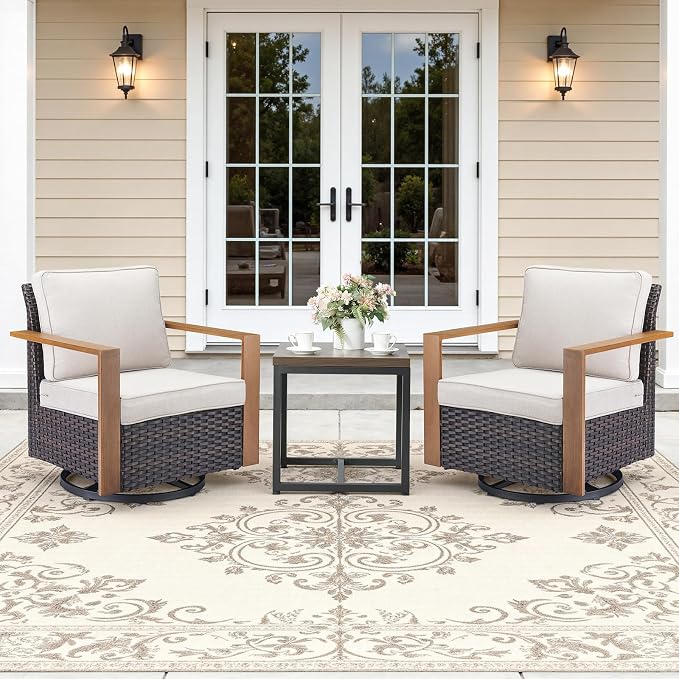 Outdoor Swivel Rocker Patio Chairs Set of 3, High Back Swivel Patio Chairs with Side Table & Metal Arm, Wicker Outdoor Bistro Set for Porch, Yard, Deck, Poolside, Beige