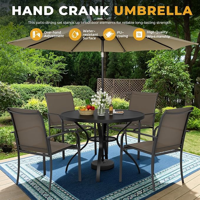 Incbruce 6 PCS Patio Dining Set with Brown Umbrella, Outdoor Dining Set of 4 Textilene Chairs and 41" Round Table with Umbrella Hole for Backyard, Garden, and Poolside (Brown)