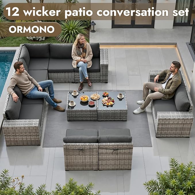 12 Pieces Patio Furniture Set, Wicker Outdoor Sectional Sofa with Coffee Table Comfy Cushions, Modern Modular Deep Seat Rattan Couch Conversation Set for Backyard Porch Yard,Black