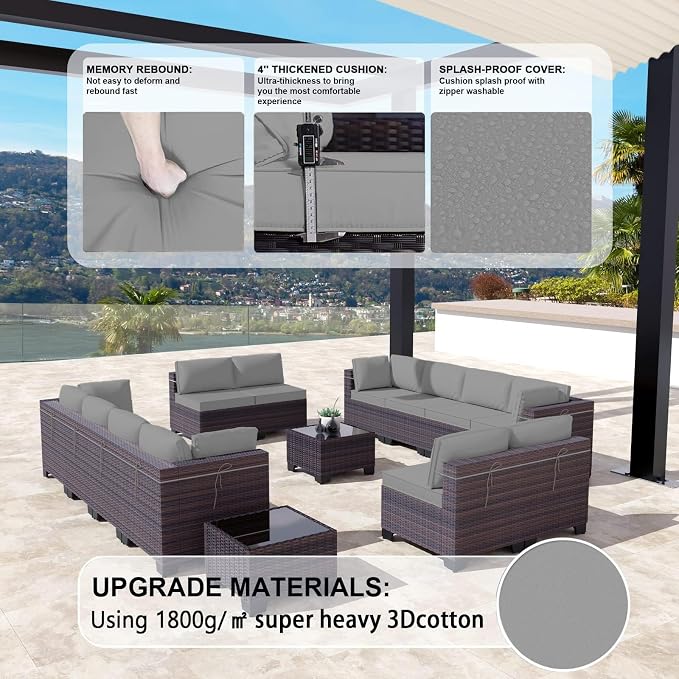Kullavik 14PCS Outdoor Patio Furniture Set PE Wicker Rattan Sectional Sofa Patio Conversation Sets,Grey