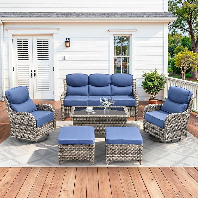 Luxury High Back Patio Furniture Set with 6-Inch Thick Cushions, 6-Pieces Outdoor Furniture with Swivel Chairs, Wicker Conversation Set for Porch, Balcony, Deck and Yard, Grey/Blue
