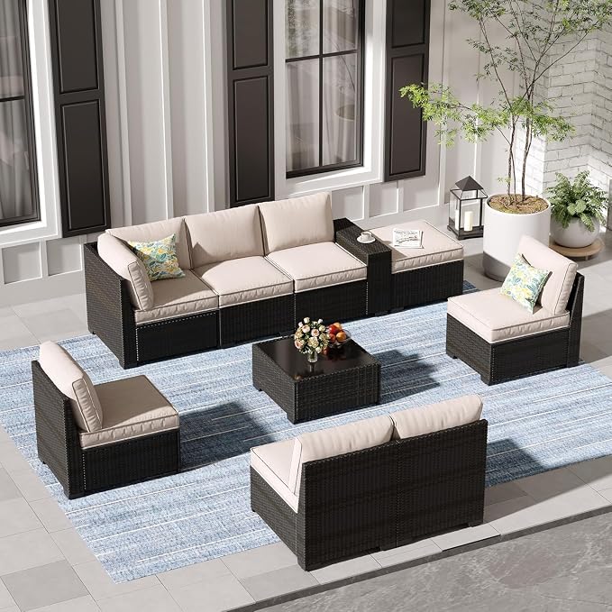 9 Pieces Outdoor Patio Furniture Set, Wicker Conversation Sets with Tea Table, Rattan Patio Sofa with Thick Cushions for Garden, Backyard Porch, Poolside,Beige