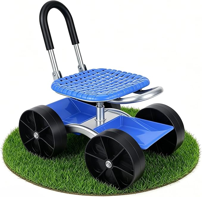 Rolling Garden Cart with 360° Swivel Seat, Garden Stool with Under-Seat Tray, 6” All-terrain Wheels, Height Adjustment, Use for Patio, Yard, and Outdoors, Gardening Gifts for Women, Parents, Seniors