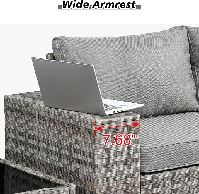 HOOOWOOO Outdoor Patio Sectional Furniture Sofa Set with Propane Gas Fire Pit Table,7 Piece Small Modern Wicker Couch with Widened Armrest,Modular Conversation Seating Set for Out Door(Dark Grey)