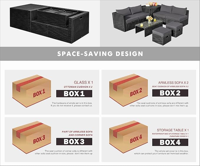 Tangkula 8 Pieces Patio Furniture Set with Waterproof Cover, Patiojoy Space Saving Outdoor PE Rattan Set with Storage Box, Tempered Glass Table, 2 Ottomans, 2 Armless Sofas & Corner Sofas