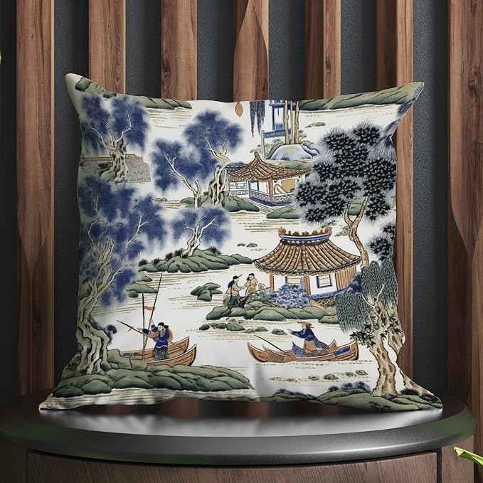 Asian Scenic Pillowcase Blue and Green Chinoiserie Cushion Cases 24x24 INFarmhouse Accent Farmhouse Decor Pillow for Couch Sofa Patio