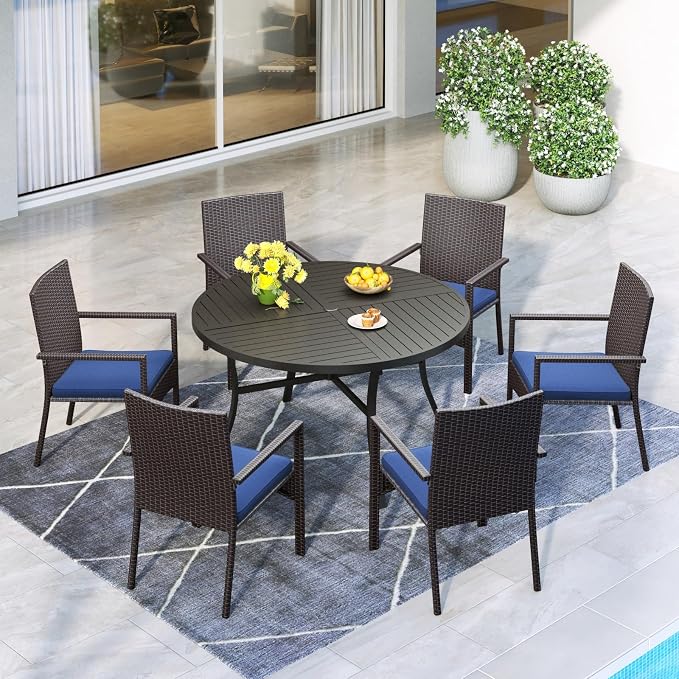 MFSTUDIO 7 Pieces Outdoor Dining Sets, Patio Table and Chairs for 6, Outdoor Metal Table with Chairs, Wicker Patio Round Dining Furniture