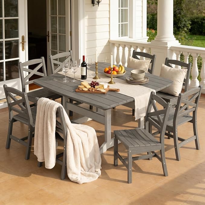 All Weather Patio Dining Table Set for 8, HDPE Heavy Duty Outdoor Rectangular Table & 8 Chairs, 9PCS Outdoor Furniture Set for Patio Garden Lawn, White and Grey