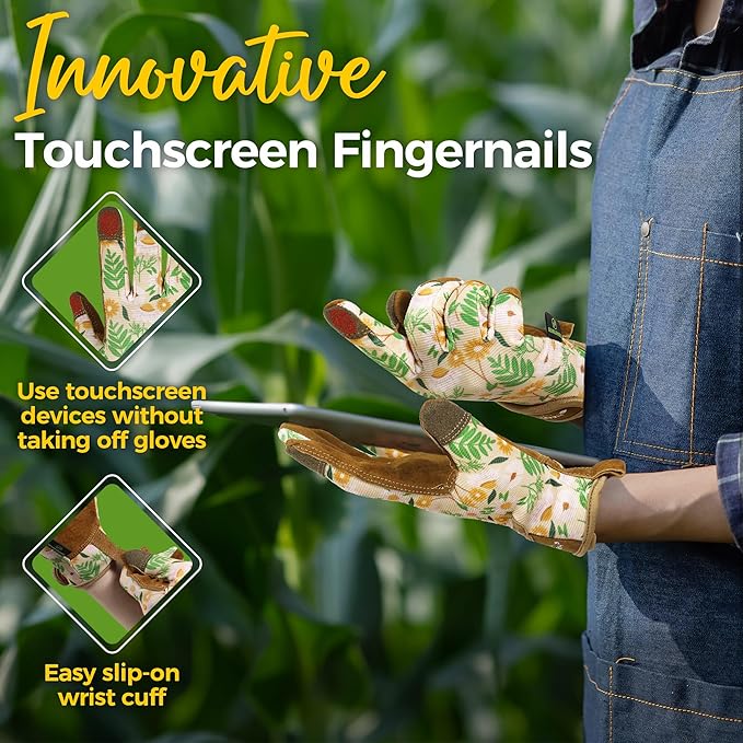 HANDLANDY Gardening Gloves for Women, Leather Garden Glove, Gardener Gift | Breathable Floral Ladies Leather Garden Yard Gloves, for Trimming, Weeding, Digging, Planting, Pruning