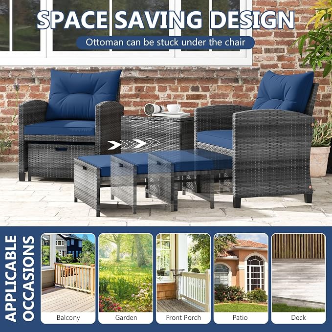 ORALNER 5 Pieces Patio Furniture Set with Ottoman, Wicker Conversation Set w/Cushions, Glass Coffee Table, Outdoor Lounger Rattan Chairs Bistro Set for Porch Balcony Garden Deck Poolside (Navy)