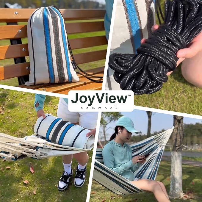 JoyView Brazilian Double Hammock with Hanging Ropes Extra Large 86.6x59” Portable Cotton Hammock for Patio Backyard Porch 450LBS Weight Capacity Perfect for Outdoor/Indoor - Blue & Green Stripes
