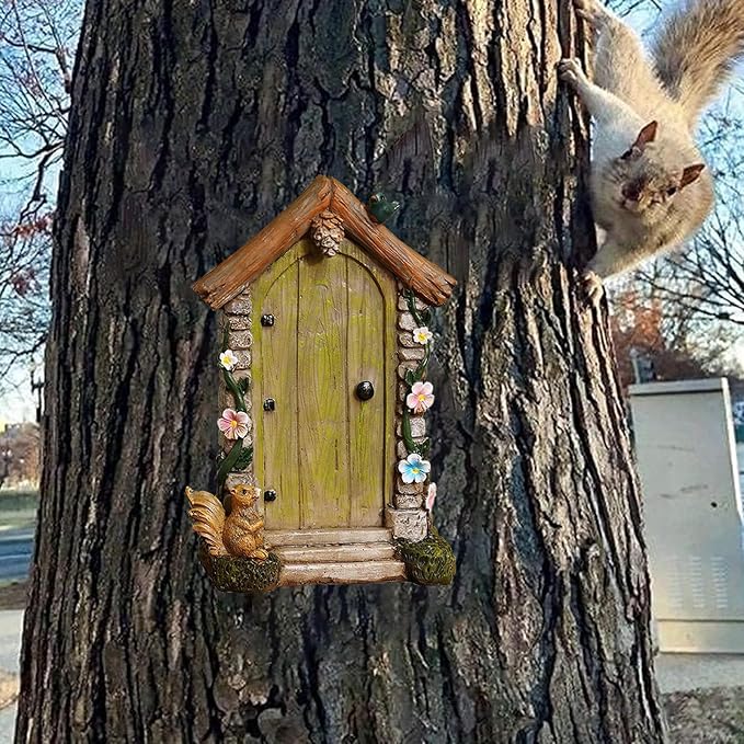 Fairy Door for Trees Outdoor - Garden Accessories, Miniature Decor, Magic Enchanted Tree Stump Resin Wall Hanging Gifts