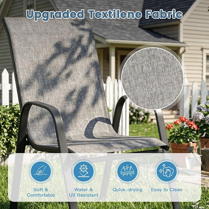 DIFY 9 Piece Outdoor Dining Set, 53" Round Metal Patio Table and Textilene Stackable Chairs for 8, All Weather Patio Furniture Set with Umbrella Hole for Backyard Garden Deck, Grey