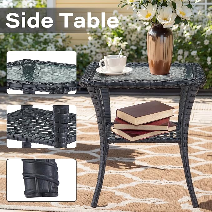 Belord 5-Piece Patio Furniture - Outdoor Conversation with Deep Seating Swivel Rocker Chairs Loveseat and Rattan Coffee Table, Black with Beige Cushion
