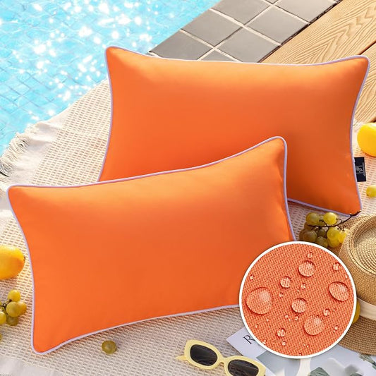 Phantoscope Pack of 2 Outdoor Waterproof Solid Throw Decorative Pillow Cover Decorative Square Outdoor Pillows Cushion Case Patio Pillows for Couch Tent, Orange 12x20 inches 30x50 cm
