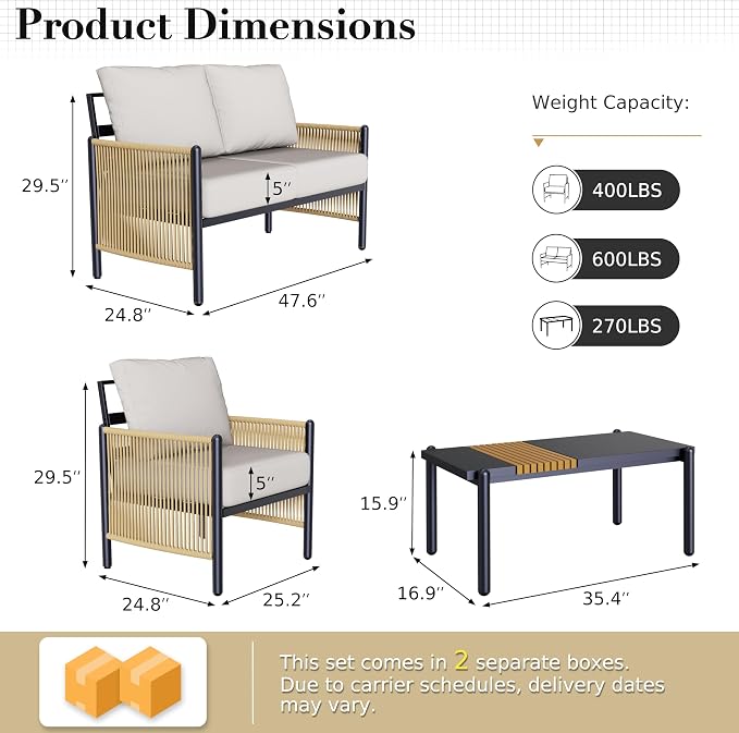 Aluminum Patio Furniture Set, 4 Seats Outdoor Patio Furniture with Coffee Table, Outdoor Wicker Conversation Sets with Cushion for Backyard, Balcony,Porch,Light Grey