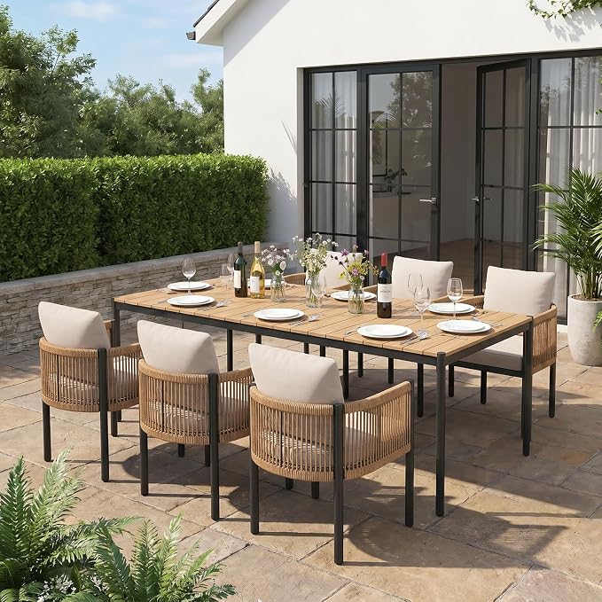 SUNSITT 7 Piece Outdoor Patio Dining Set, Patio Dining Furniture Set with 82.6” Metal Dining Table w/WPC Tabletop and 6 Patio Woven Rattan Chairs w/Curved Armrest for Garden, Beige