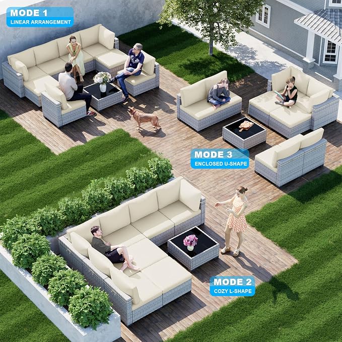 9-Piece Patio Furniture Set, Outdoor Sectional with Ottomans, Modular Patio Sofa, Dual-Strand Wicker Rattan, Rust-Resistant Frame, Backyard Furniture for Garden, Deck, Ivory