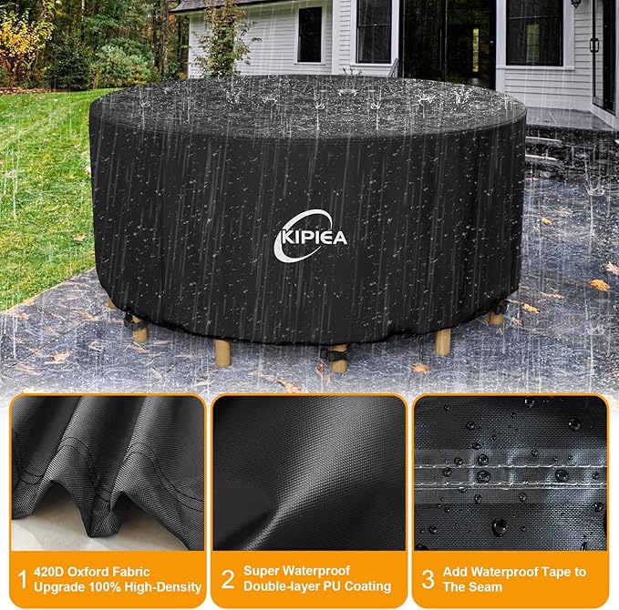 Kipiea Round Patio Table Cover Waterproof, Heavy-Duty Round Patio Furniture Covers, No Tears Anti UV No Fading (62" Dia x 28" H)