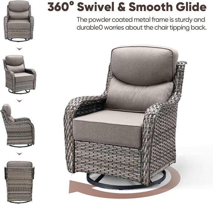 Swivel Patio Chairs sofa Set of 2 with 6" Thick Cushion - Wicker Outdoor Swivel Rocker Patio Chair ,Sofa/Glass coffee table, High Back Comfortable Outdoor Glider Chairs - Grey Wicker | Grey Cushions