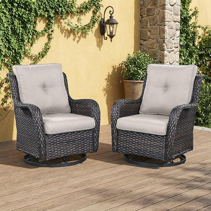Outdoor Swivel Rocker Patio Chairs-Wicker Patio Swivel Chairs Set of 2 PE Rattan Patio Furniture for Porch Deck Balcony Garden-Brown/Beige