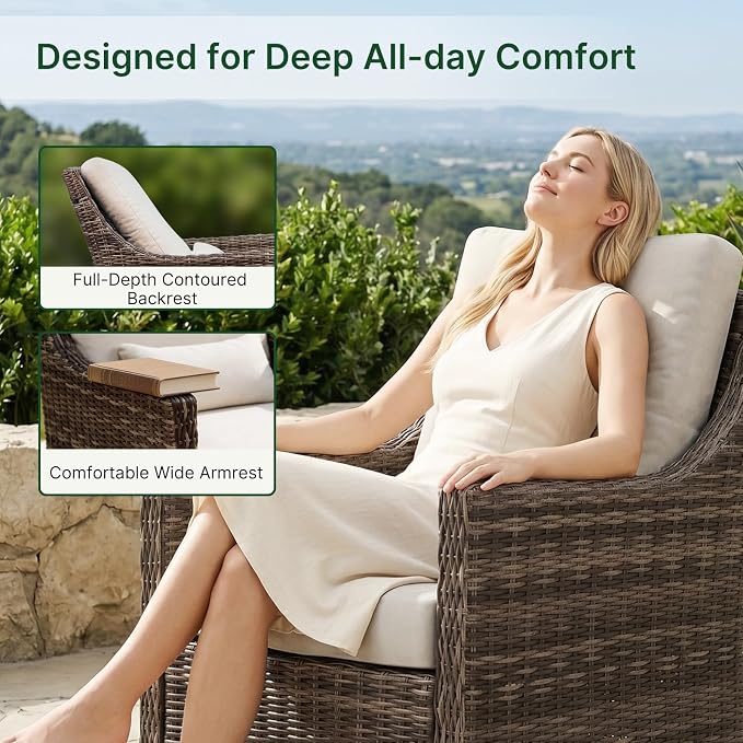 Outdoor Swivel Rocker Patio Chair with Premium Cushion, High Back Wicker Patio Swing Glider for Deck, Porch, Patio and Poolside (Beige, 1 Pcs - Swivel Glider)
