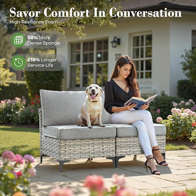6 Pcs Patio Furniture with Fire Pit Table, Outdoor Rattan Wicker Conversation Set with Glowing Coffee Table, Comfy Sectional Sofa for Porch Balcony Backyard Pool, Grey