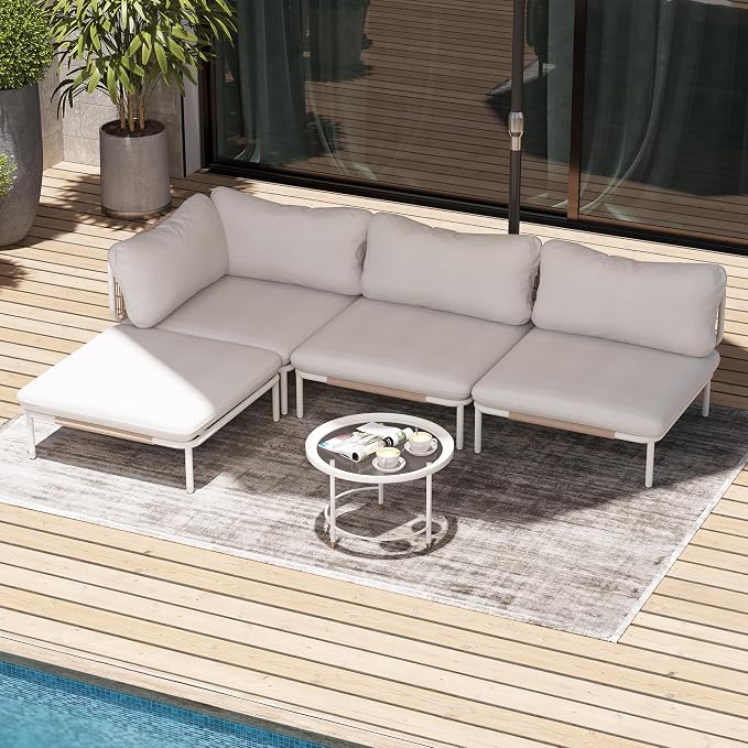 Patio Furniture Set, Outdoor Patio Furniture Oversized Metal Single Sofa, 2-seat Conversation Set with Cushion for Indoor and Outdoor, White Frame and Beige Mat, （2 Seats 2 Armrests）