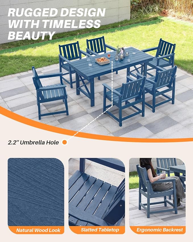 5 Pieces HDPE Patio Dining Set, Outdoor Table and Chairs with Umbrella Hole, Modern Outdoor Dining Set for 4, HDPE Outdoor Patio Furniture Dining Sets for Deck, Poolside, Porch, Navy
