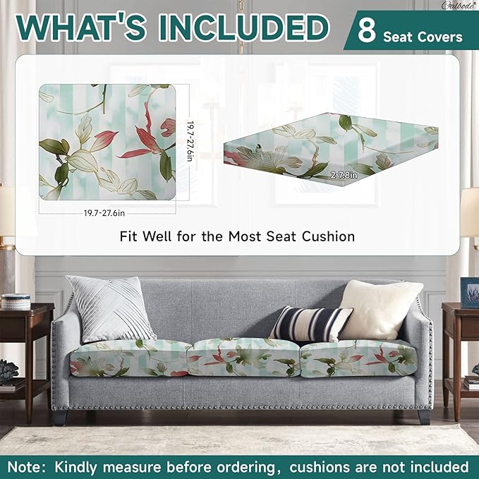 CALBODE 8Pcs Stretch Patio Cushion Cover, Striped Floral Pattern Couch & Sofa Slipcovers for Patio Furniture Cushions Washable Reusable Couch Covers Replacement for Spring Summer Autumn (Cover Only)