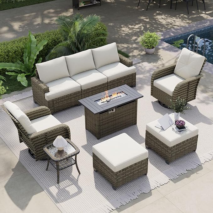 LET'S PATIO Luxury Patio Furniture Set with Fire Pit Table，9 Piece Outdoor Furniture Sectional Set with Swivel Rocker Chairs of 2，All-Weather Patio Sectional Sofas with Thickened Cushions, Beige