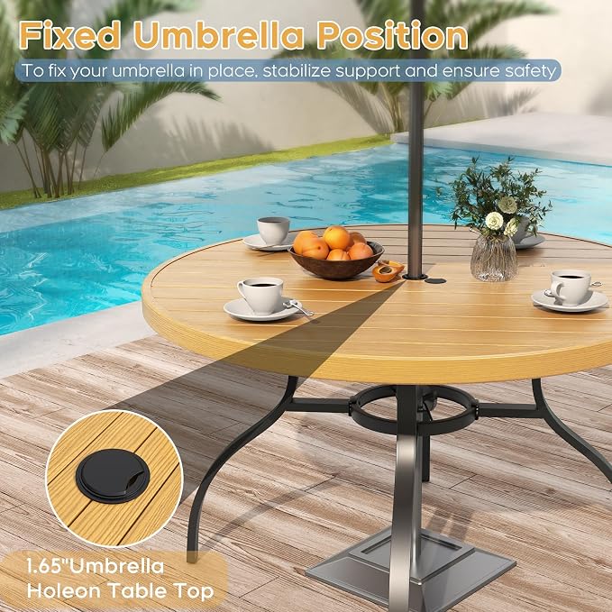Outdoor Patio Dining Set for 4, 5 Pieces Patio Table and Chairs Set with Umbrella Hole, 41"x 41" Round Metal Wood-Grain Dining Table Set with 4 Stackable Patio Chairs for Deck , Backyard, Porch