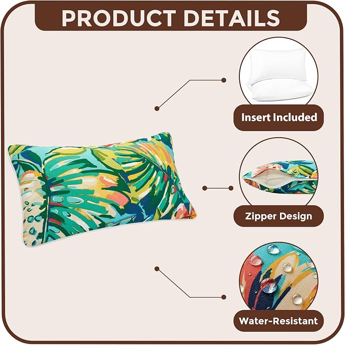 Outdoor Lumbar Pillow with Insert 12x20 Inch Pack of 2-Rosario Flower Leaf | Outdoor Pillows for Patio Furniture, Water-Repellent, Decorative Garden Pillows for Home Patio Coach Sofa Use