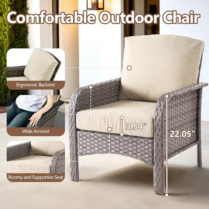 6 PCS Outdoor Patio Furniture Set with Glass Table, All-Weather Rattan Wicker Outdoor Conversation Set with Thickened Cushions for Balcony Backyard Garden Lawn,Beige