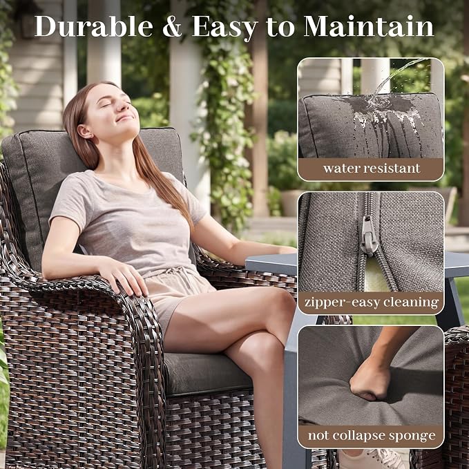 Rilyson Luxury Wicker Outdoor Conversation Set with Glider Rocker Chairs, 5 Pieces Patio Furniture Set with Rattan Swivel Rocker Chairs and Ottomans All Weather Brown/Grey