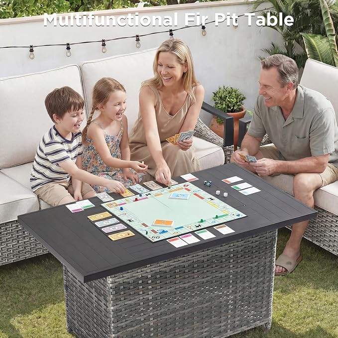 Outdoor Patio Furniture Set with 42.5" Fire Pit Table-6 Pieces All Weather Wicker Outdoor Furniture with High Back Swivel Patio Chairs Set of 2 Outdoor Patio Conversation for Deck Garden Beige/Gray