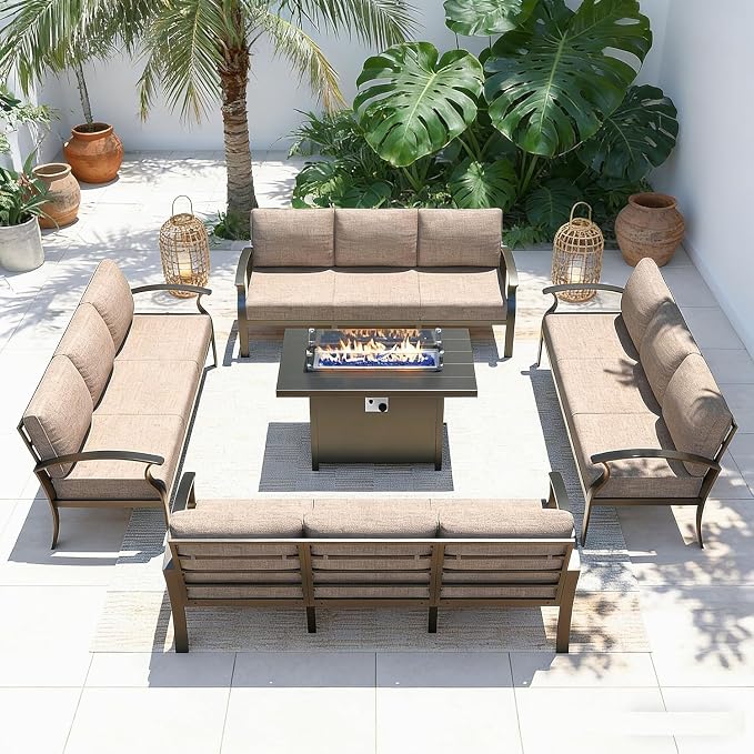 Gotland Aluminum Patio Furniture Set with Fire Pit Table, Metal Patio Furniture with 12 Seats Waterproof 5.1'' Seat Cushions, Oversized Outdoor Sectional Conversation Sets for Balcony Porch Khaki