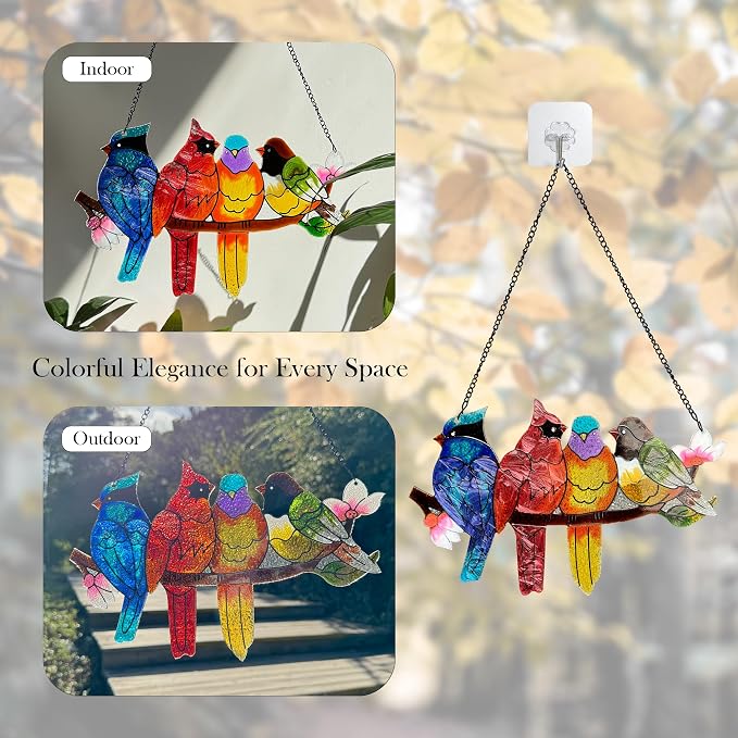 DASTOLL Stained Glass Window Hanging - Large Suncatcher Stained Glass Birds on Branch, Sun Catchers for Indoor Window Doors Room Home Decoration Hummingbird Gifts for Bird Lovers