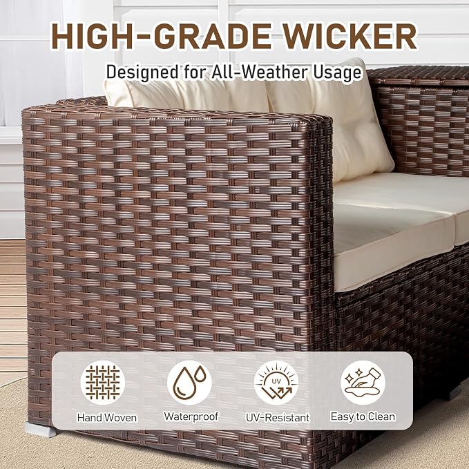 Outvita 4 Piece Outdoor Patio Furniture Set, PE Rattan Conversation Sofa Set, Wicker All-Weather Outside Furniture w/Glass Top Coffee Table with Pet Ped & Hidden Storage for Garden, Balcony (Brown)