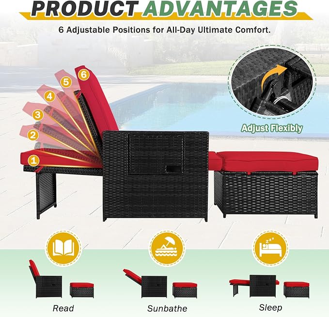 LVUYOYO 5 Piece Patio Furniture Set, Patio Wicker Conversation Set with Ottoman, Outdoor Chaise Lounge Chair with Side Table & Adjustable Backrest for Pool Backyard Garden (Black Wicker Red Cushion)