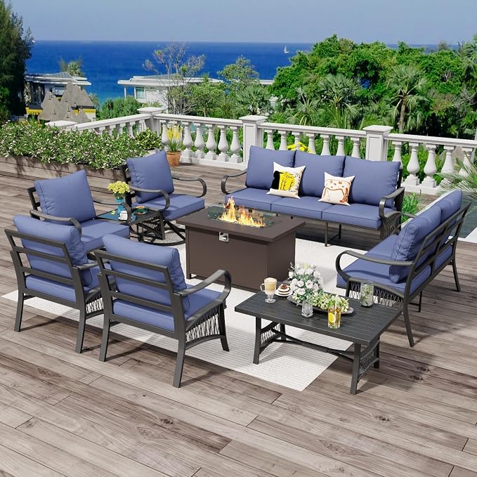 9 Piece Patio Furniture Set with 50000 BTU Propane Fire Pit Table, All Weather Outdoor Conversation Set with 2 Swivel Chairs, Sofa and Thick Cushions for Garden, Porch, Lawn, Blue