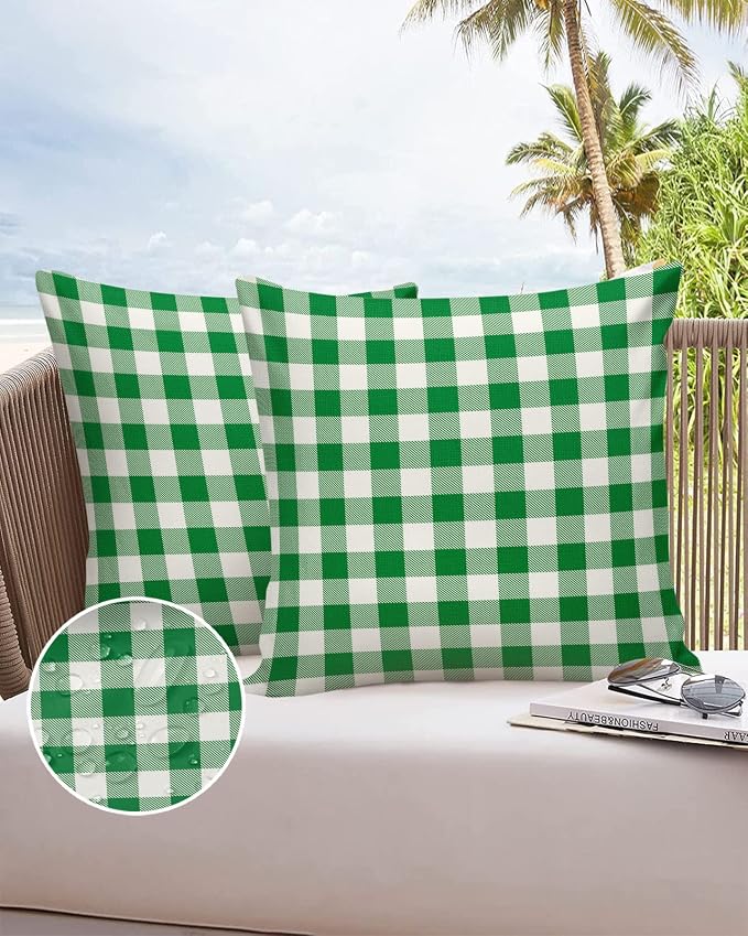 Outdoor Waterproof Throw Pillow Covers Set of 2 Green Buffalo Check Plaid Pillowcases 26x26 Inches Farmhouse Style Patio Decorative Pillows Cushion Case Patio Pillows for Couch Bed Chair Garden