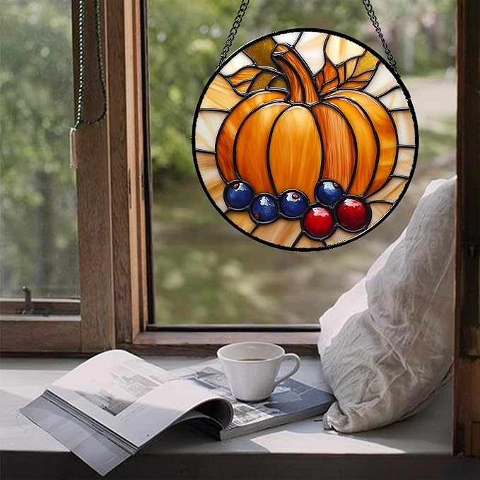 DASTOLL Stained Glass Window Hanging Fall Pumpkin Berries 6.3" - Suncatcher Door Garden Kitchen Sunroom Sun Catcher Autumn Home Decor Birthday for Mom Grandma Men Woman